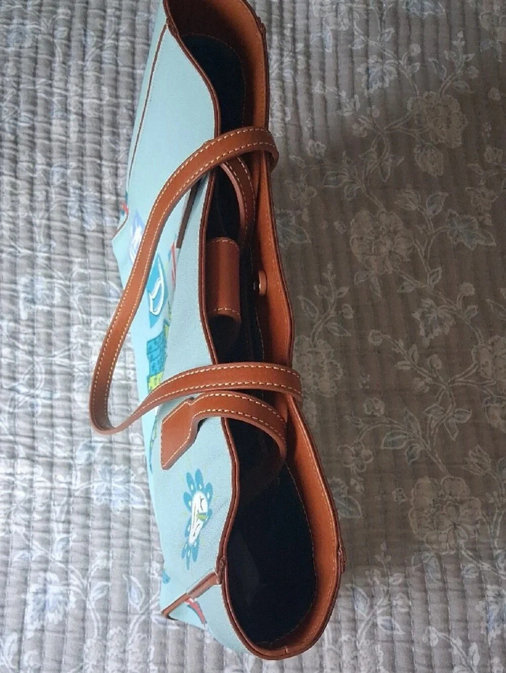 Disney Parks Dooney & Bourke Mint Castle Print Tote with Brown Leather Trim